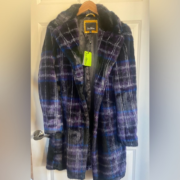 Sam Edelman blanket plaid faux fur coat - Picture 2 of 4